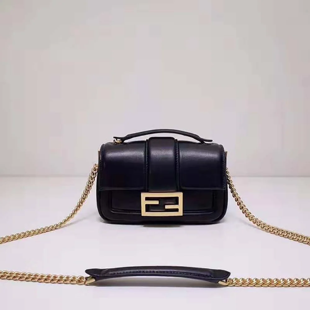 Fendi Mini Baguette Chain Black Nappa Leather Bag for Women Fendi Mini Baguette Chain Black Nappa Leather Bag for Women
