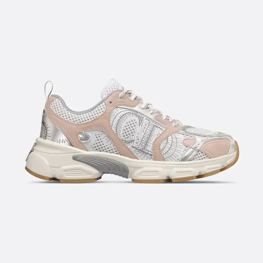 Dior Chrono Sneaker White Mesh with Nude and Silver-Tone Laminated Leather for Women in Effect Panels