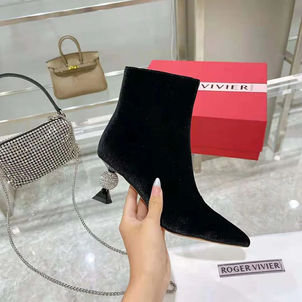 Roger Vivier Marlene Strass Booties in Velvet for Women Roger Vivier Marlene Strass Booties in Velvet for Women