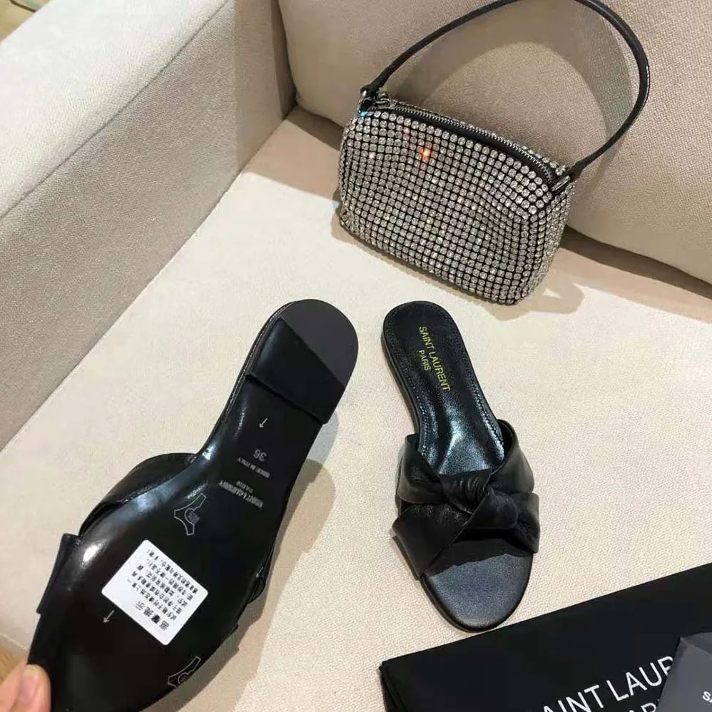 Saint Laurent YSL Bianca Flat Mules in Smooth Leather for Women in Black