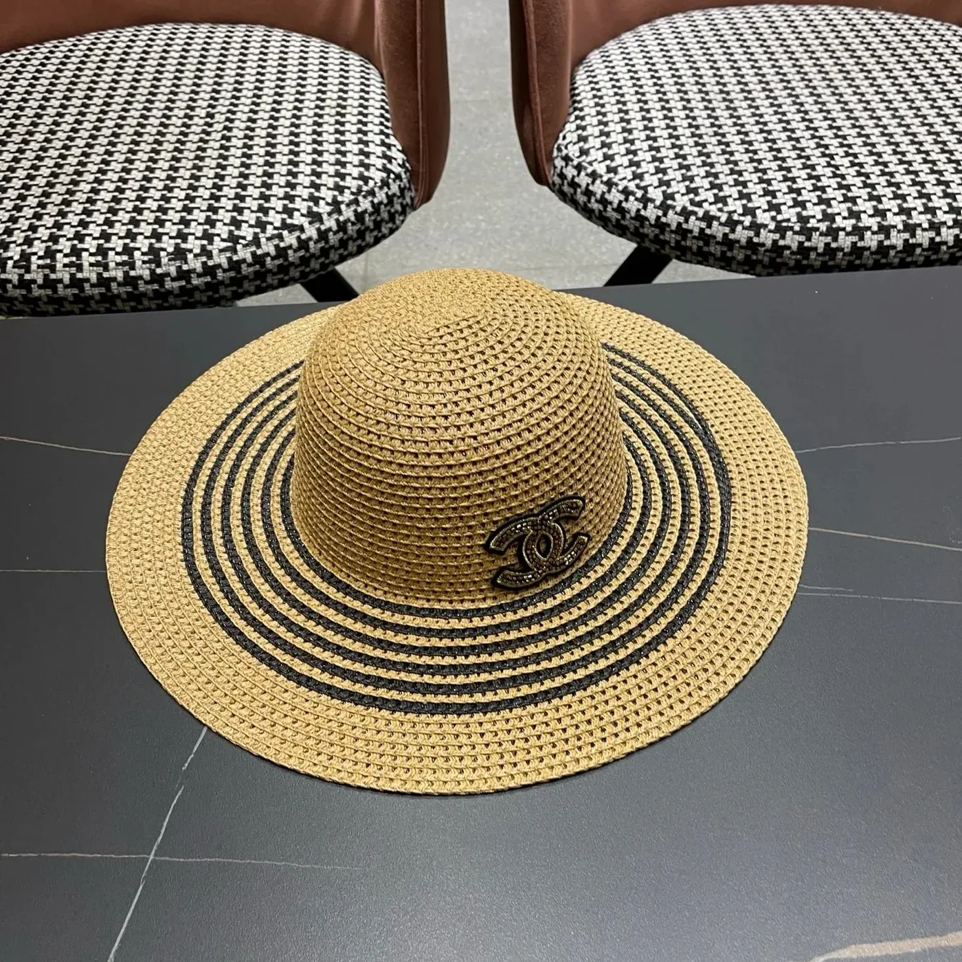 Chanel Monochrome Striped Sun Hat Dark Beige Straw Chanel Monochrome Striped Sun Hat Dark Beige Straw