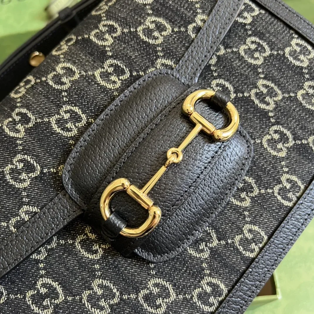 Gucci Horsebit 1955 Shoulder Bag Black And Ivory GG Denim Jacquard / Gucci Horsebit 1955 Shoulder Bag Black And Ivory GG Denim Jacquard /