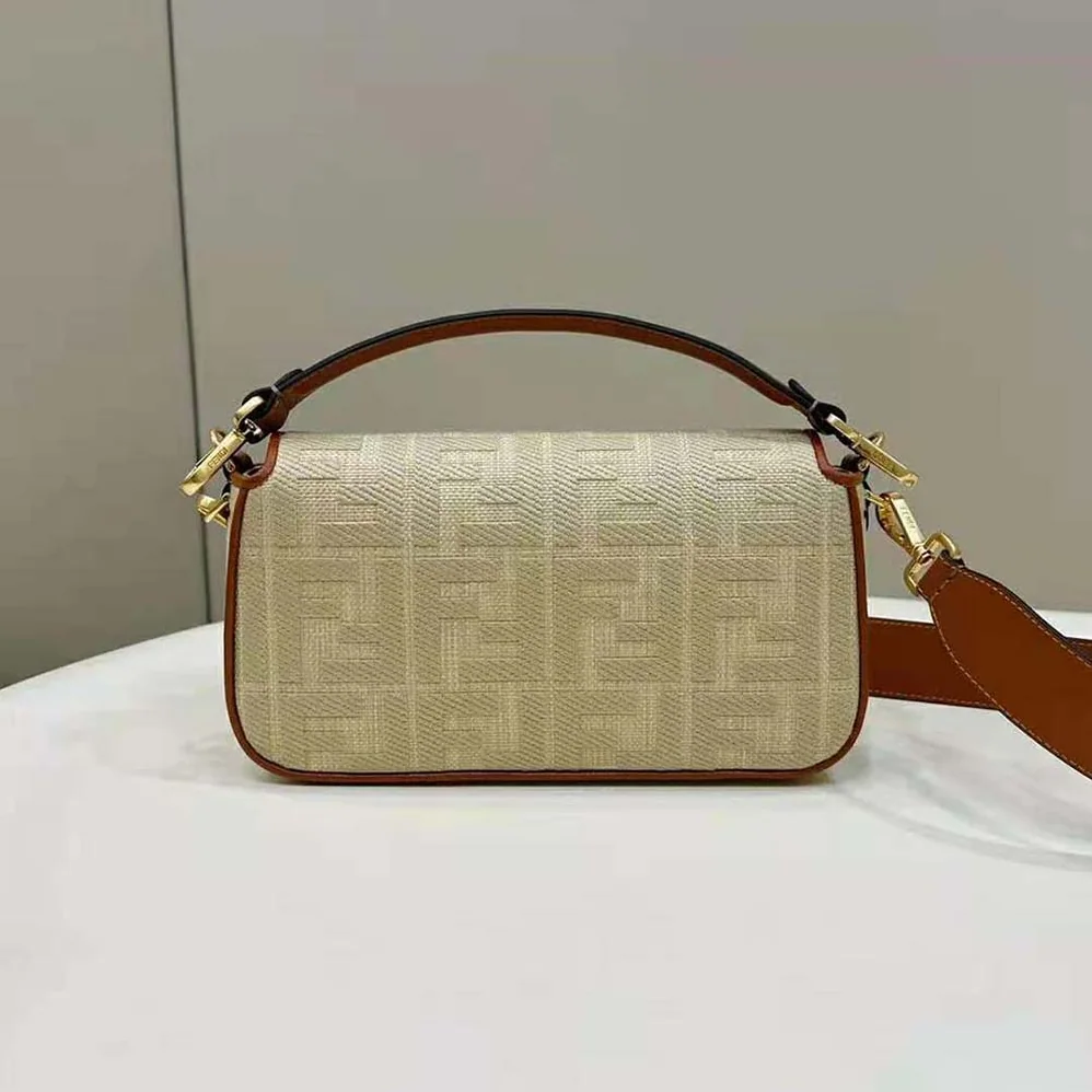 Fendi Baguette Natural Straw Bag with FF Embroidery for Women