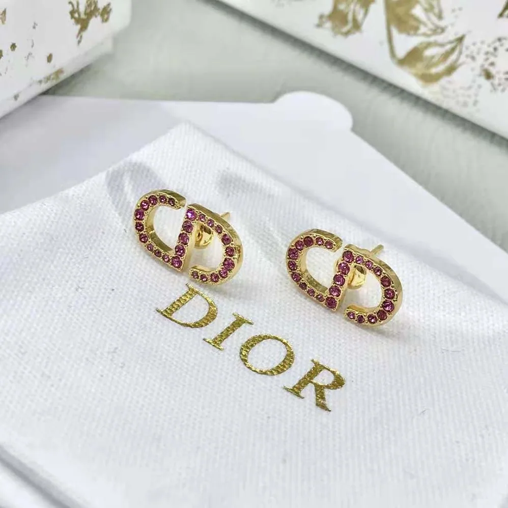 Dior Petit CD Stud Earrings Gold-Finish Metal and Light Pink Crystals for Women Dior Petit CD Stud Earrings Gold-Finish Metal and Light Pink Crystals for Women
