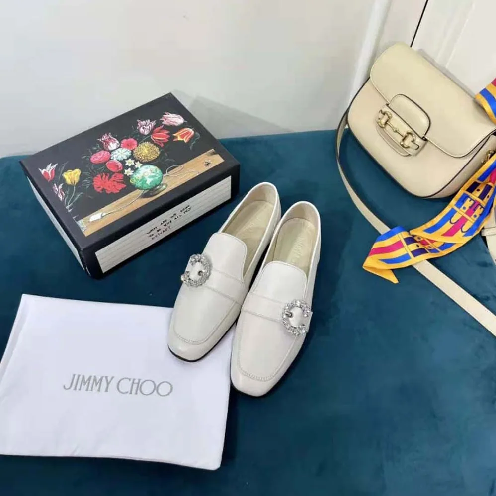 Jimmy Choo Mani Flat Latte Nappa Leather Loafers with Crystal Buckle for Women Jimmy Choo Mani Flat Latte Nappa Leather Loafers with Crystal Buckle for Women