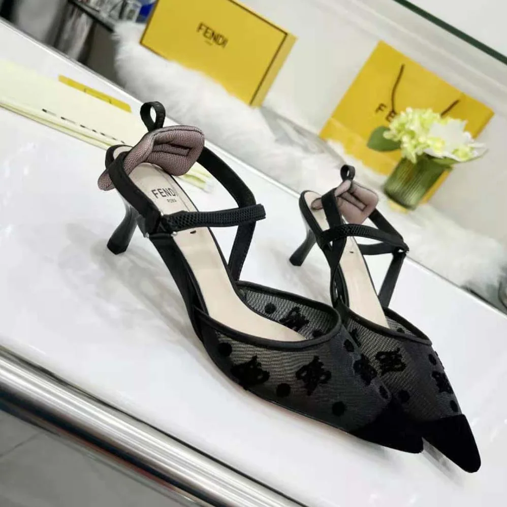 Fendi Colibri Lite Black mesh and FF Karligraphy Medium for Women in Heel Slingbacks