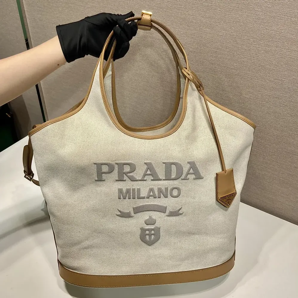Prada Large Linen Blend and Leather Tote Bag for Women