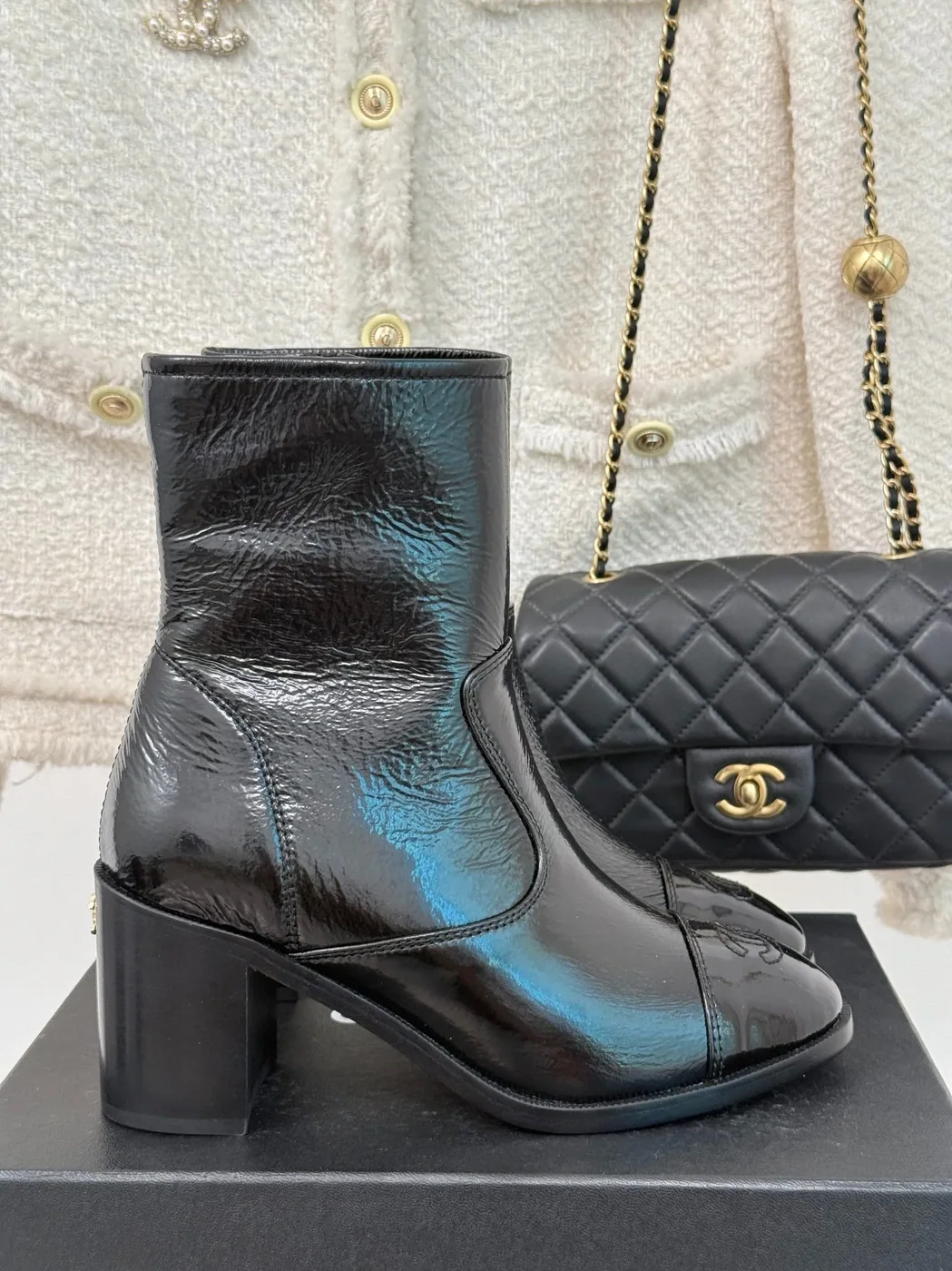 Chanel Glossy Chunky Ankle Heel Boots Black / Chanel Glossy Chunky Ankle Heel Boots Black /