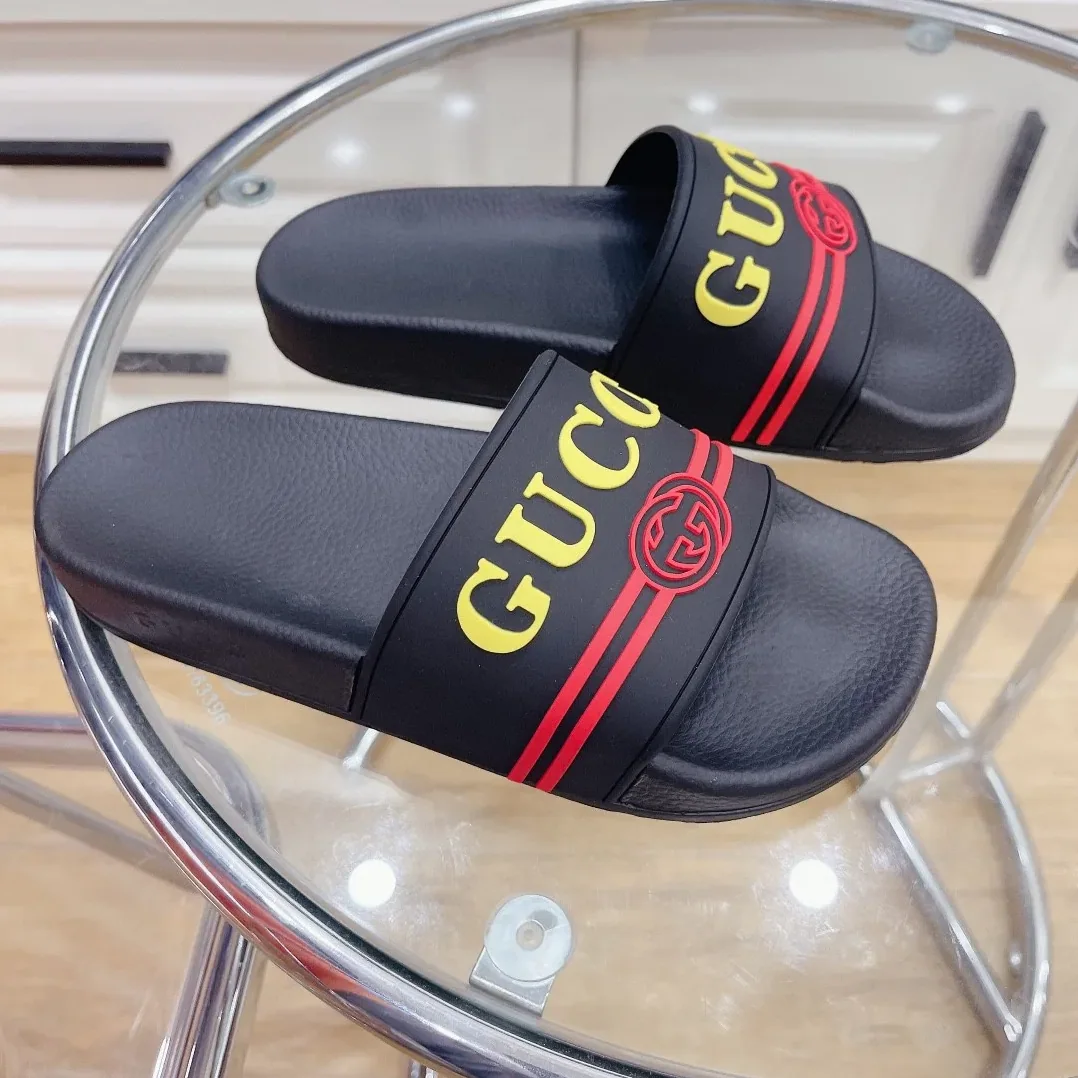 Gucci Logo Rubber Slide Black Red And Yellow for Men Gucci Logo Rubber Slide Black Red And Yellow for Men
