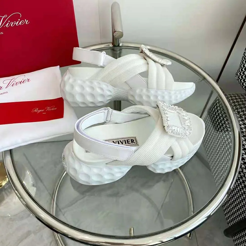 Roger Vivier Viv' Run Light Strass Buckle Sandals in Fabric for Women in White