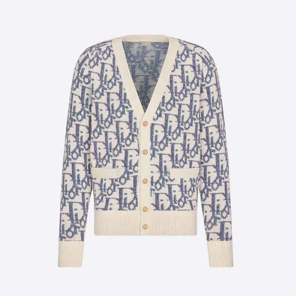 Dior Oblique Cardigan White Mauve and Sea Green Wool Jacquard for Men Dior Oblique Cardigan White Mauve and Sea Green Wool Jacquard for Men