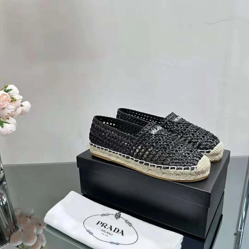 Prada Crochet Espadrilles with Embroidered Logo for Women in Black Prada Crochet Espadrilles with Embroidered Logo for Women in Black