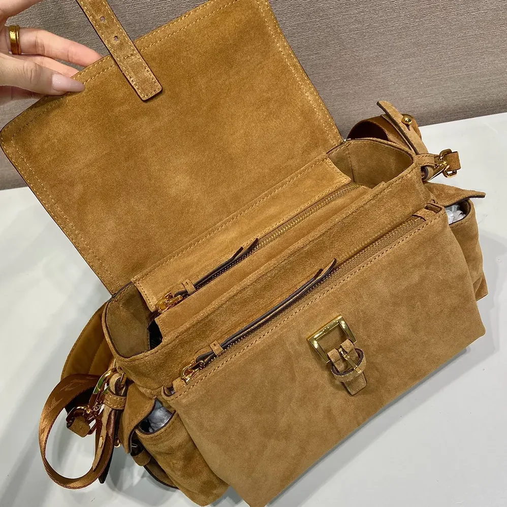 Prada Explore Medium Suede Shoulder Bag With Flap for Women in Brown