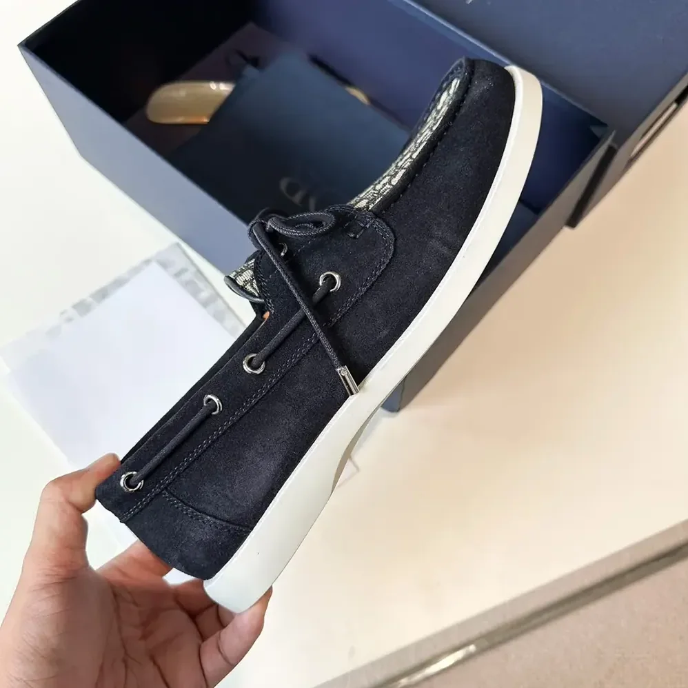 Dior Granville Boat Shoe Navy Blue Suede with Beige and Black Dior Oblique Jacquard for Men Dior Granville Boat Shoe Navy Blue Suede with Beige and Black Dior Oblique Jacquard for Men