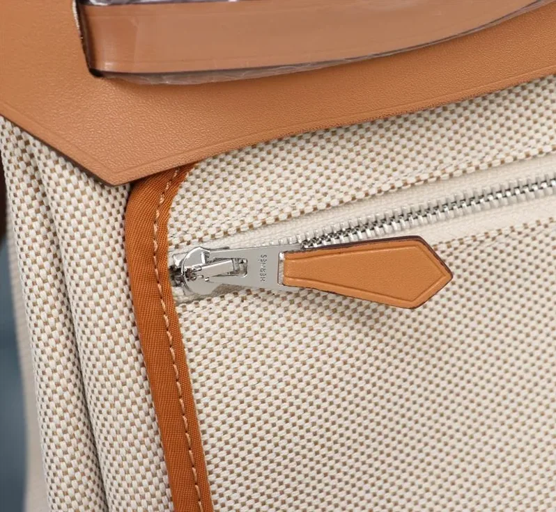 Hermes Buckle Lock Shape Striped Beige, Silver Toned Hardware Bag