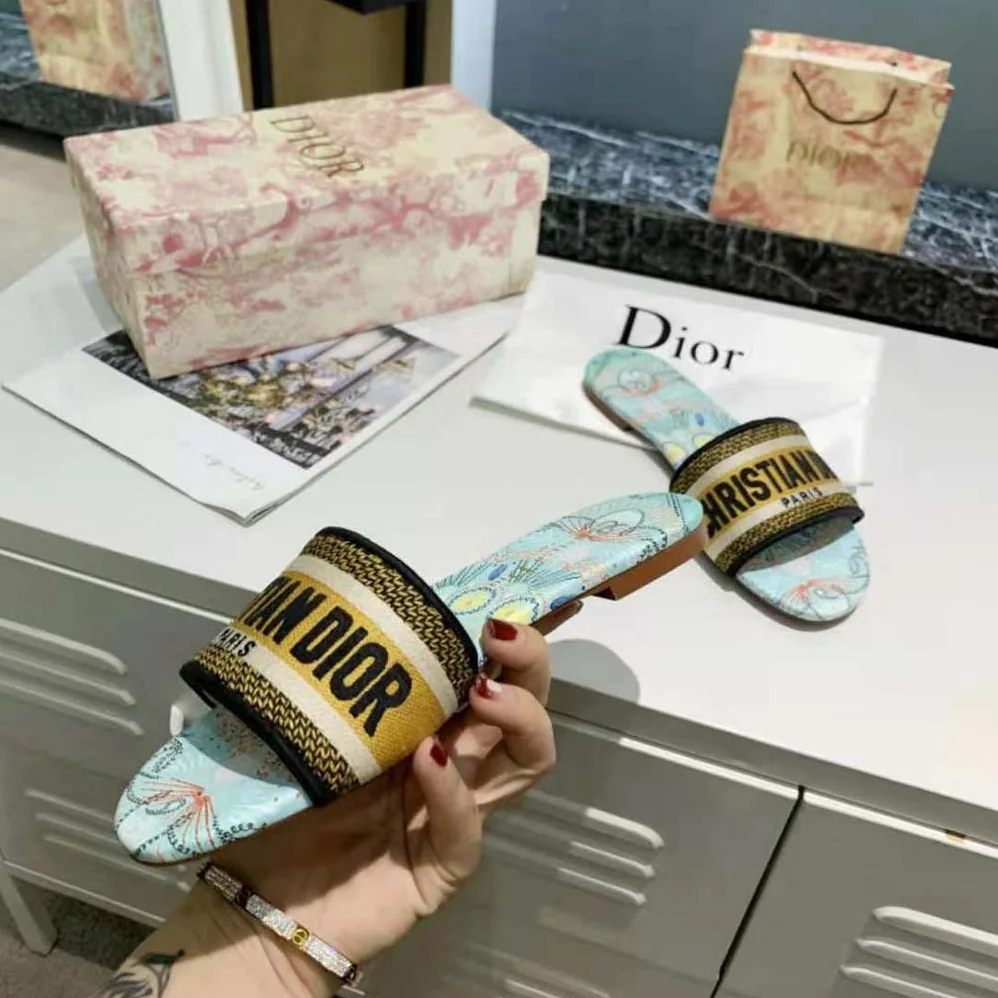 Dior Dway Slide Multicolor Embroidered Cotton for Women in Blue
