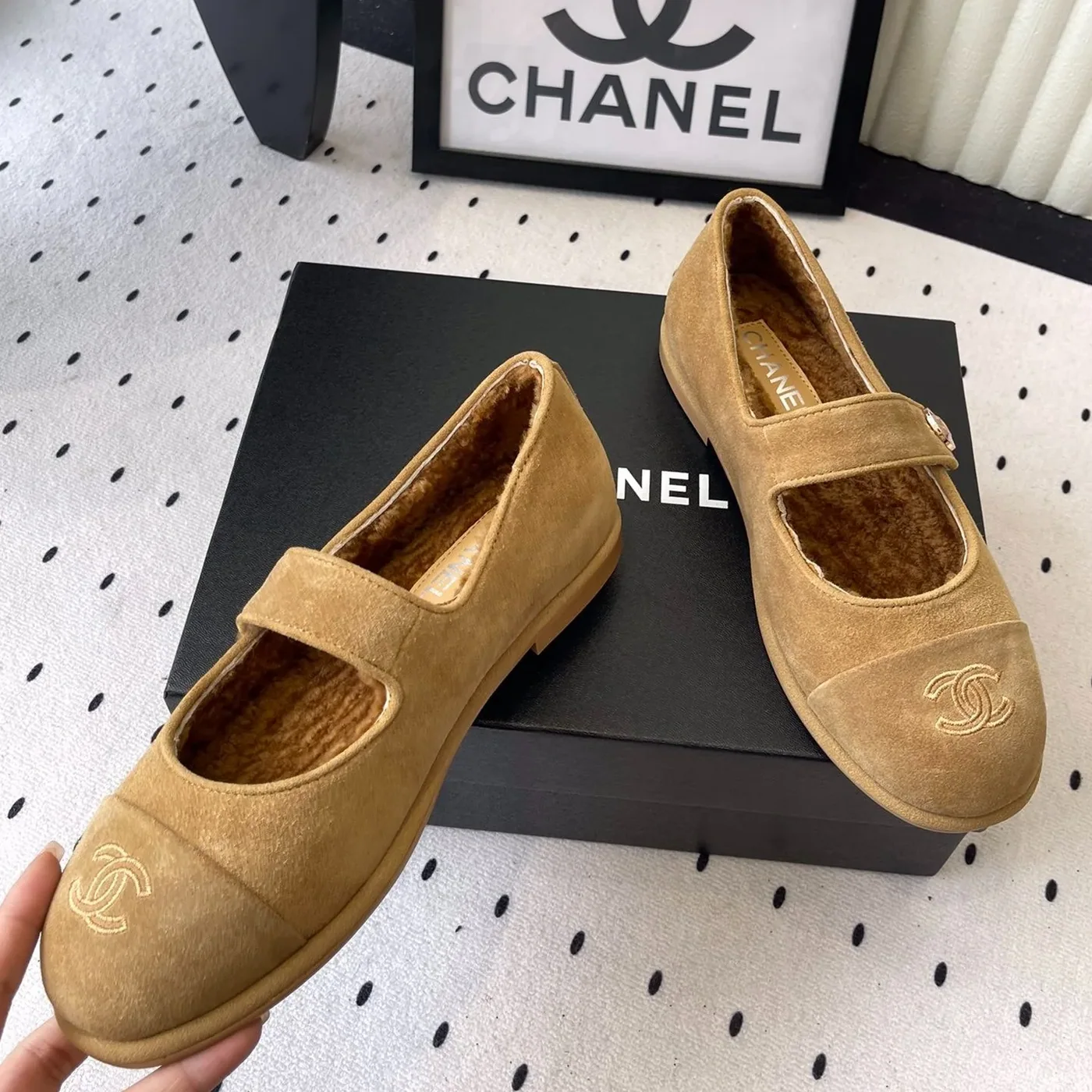 Chanel Mary Jane Flats Tan Suede Shearling