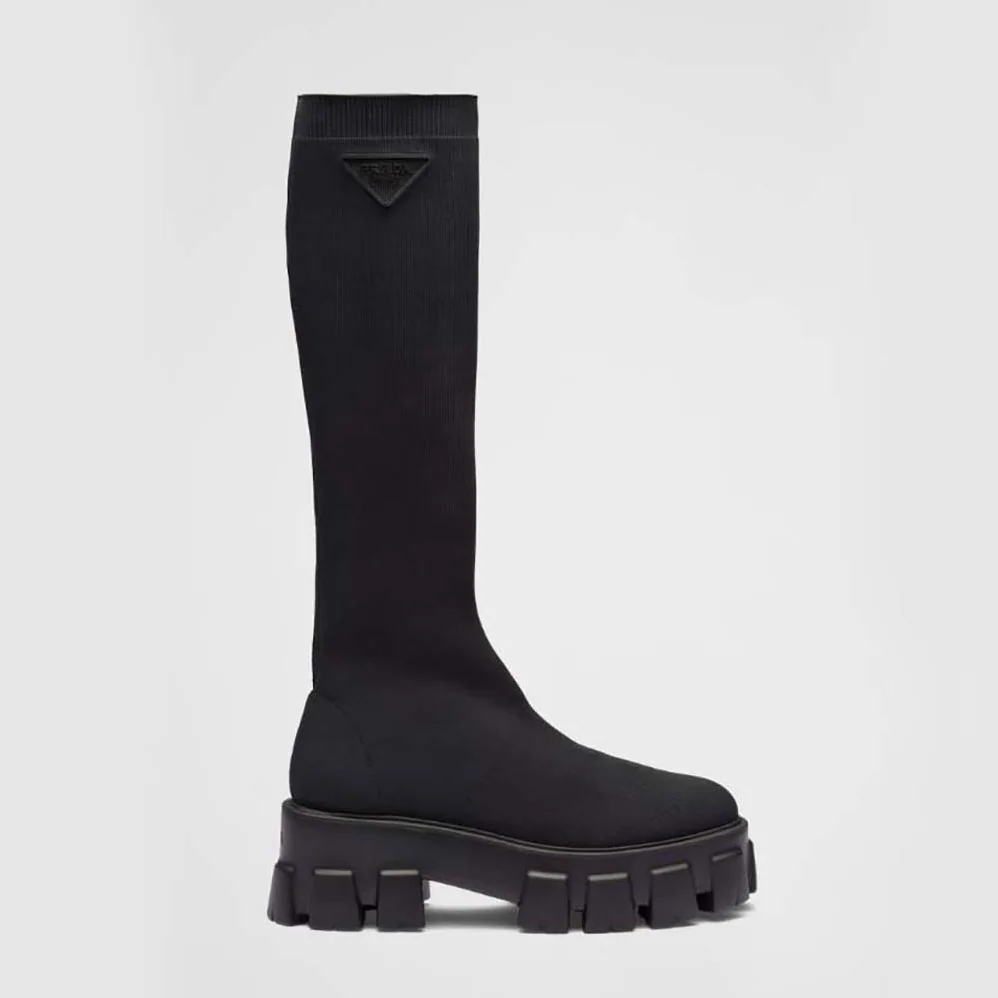 Prada Monolith Knit Boots with Embossed Rubber Triangle Logo for Women Prada Monolith Knit Boots with Embossed Rubber Triangle Logo for Women