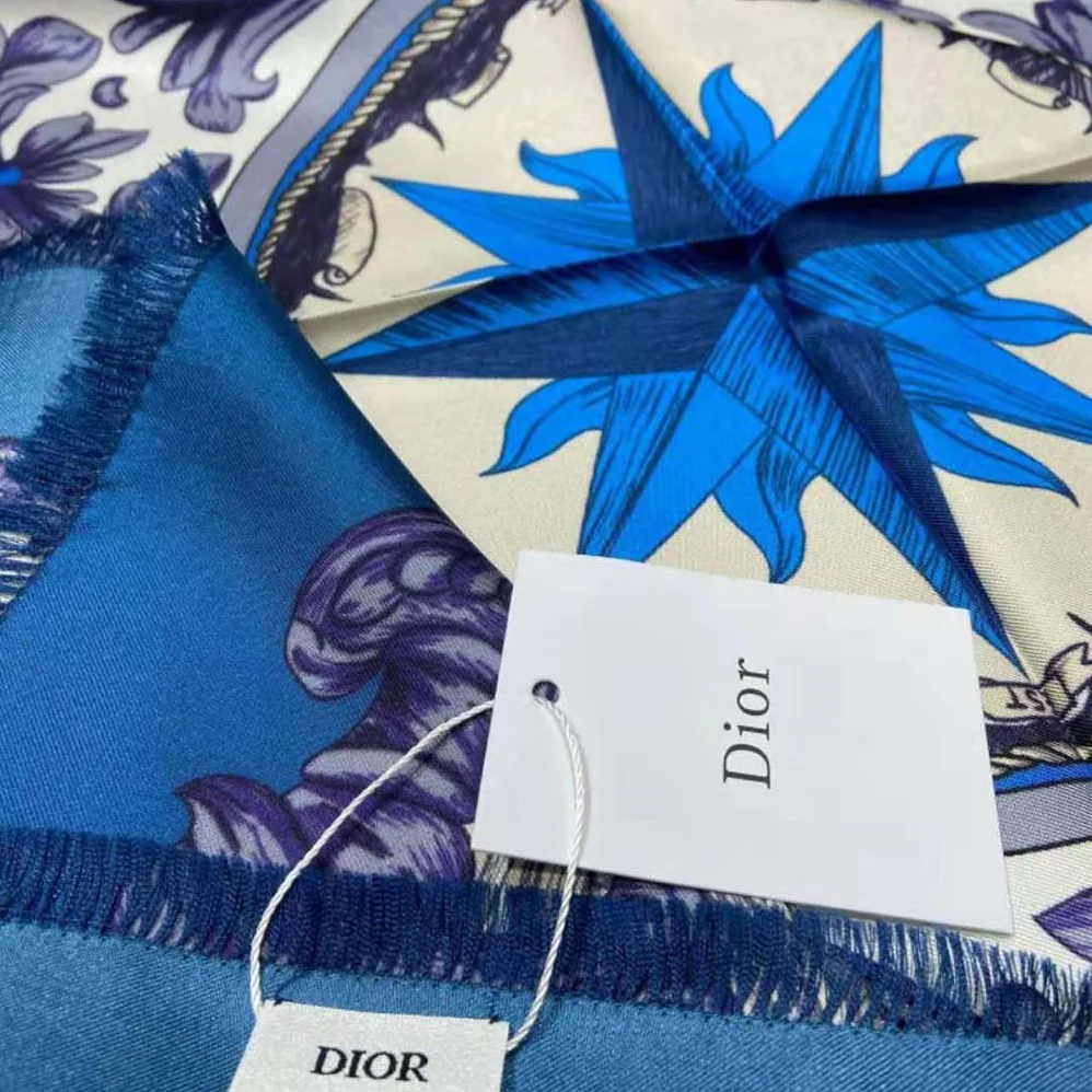 Dior Rose Des Vents 90 Square Scarf Royal Blue and White Silk Twill for Women