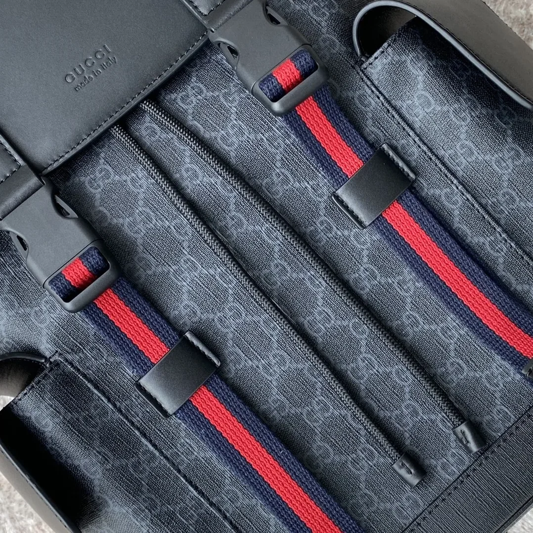Gucci Black Backpack Black/Grey Soft GG Supreme Blue And Red Web / Gucci Black Backpack Black/Grey Soft GG Supreme Blue And Red Web /