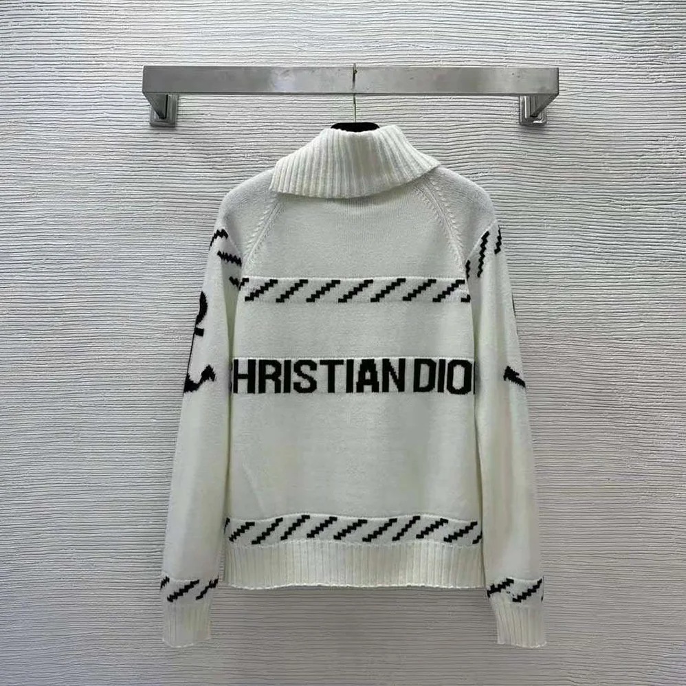 Dior Turtleneck Sweater Ecru and Navy Blue Wool and Cashmere Knit with Signature for Men
