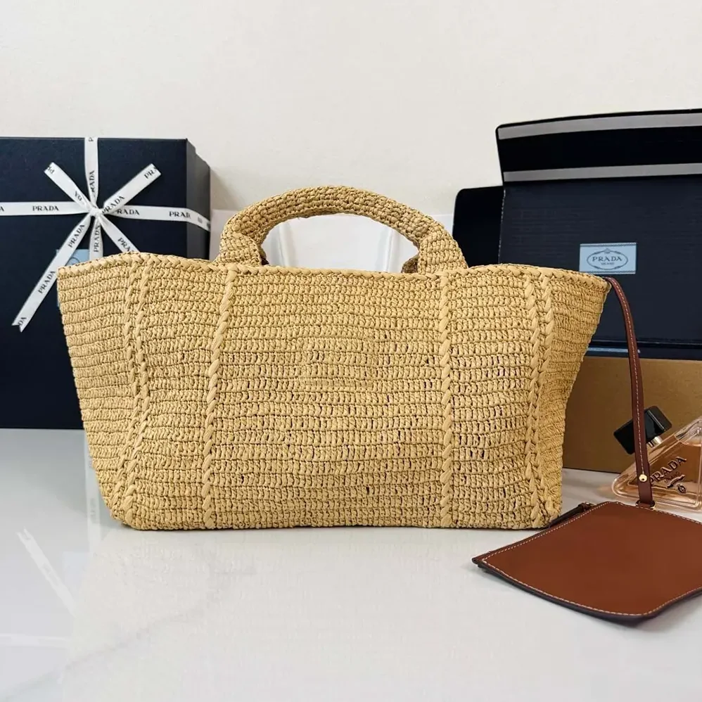Prada Large Crochet Tote Bag with Leather Details for Women in Natural Prada Large Crochet Tote Bag with Leather Details for Women in Natural