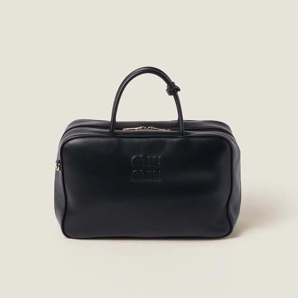 Miu Miu Leather Top-handle Bag with Embossed Lettering Logo for Women in Black Miu Miu Leather Top-handle Bag with Embossed Lettering Logo for Women in Black