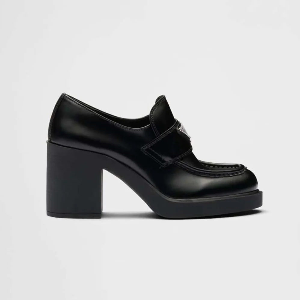 Prada Chocolate High for Women in Heeled Brushed Leather Loafers Prada Chocolate High for Women in Heeled Brushed Leather Loafers