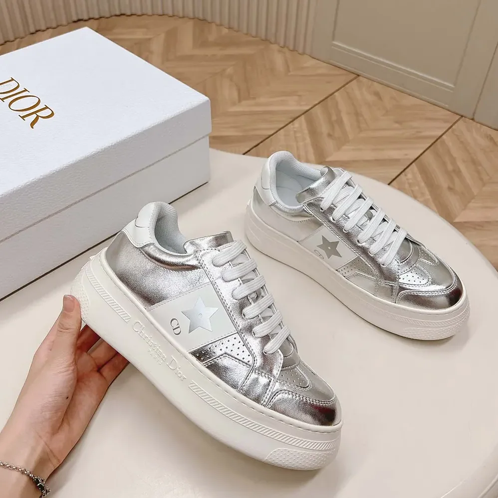 Dior Star Platform Sneaker Silver-Tone Crinkled-Effect Lambskin and White Calfskin for Women