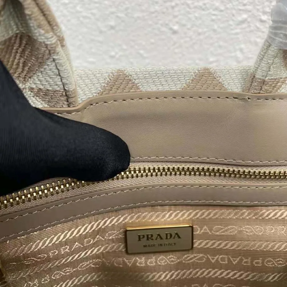 Prada Small Prada Symbole Embroidered Fabric Handbag for Women in Beige
