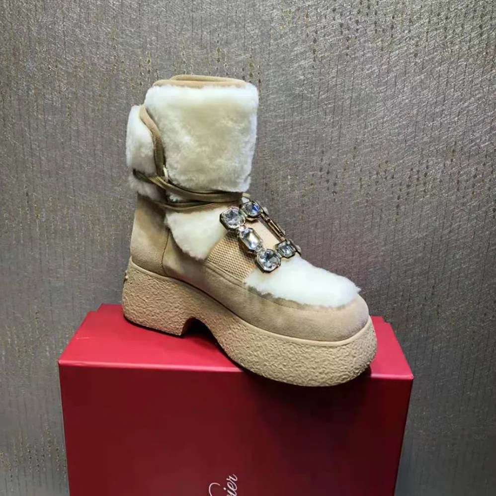 Roger Vivier Viv' Rangers Strass Buckle Flatform Booties in Suede for Women in Beige Roger Vivier Viv' Rangers Strass Buckle Flatform Booties in Suede for Women in Beige