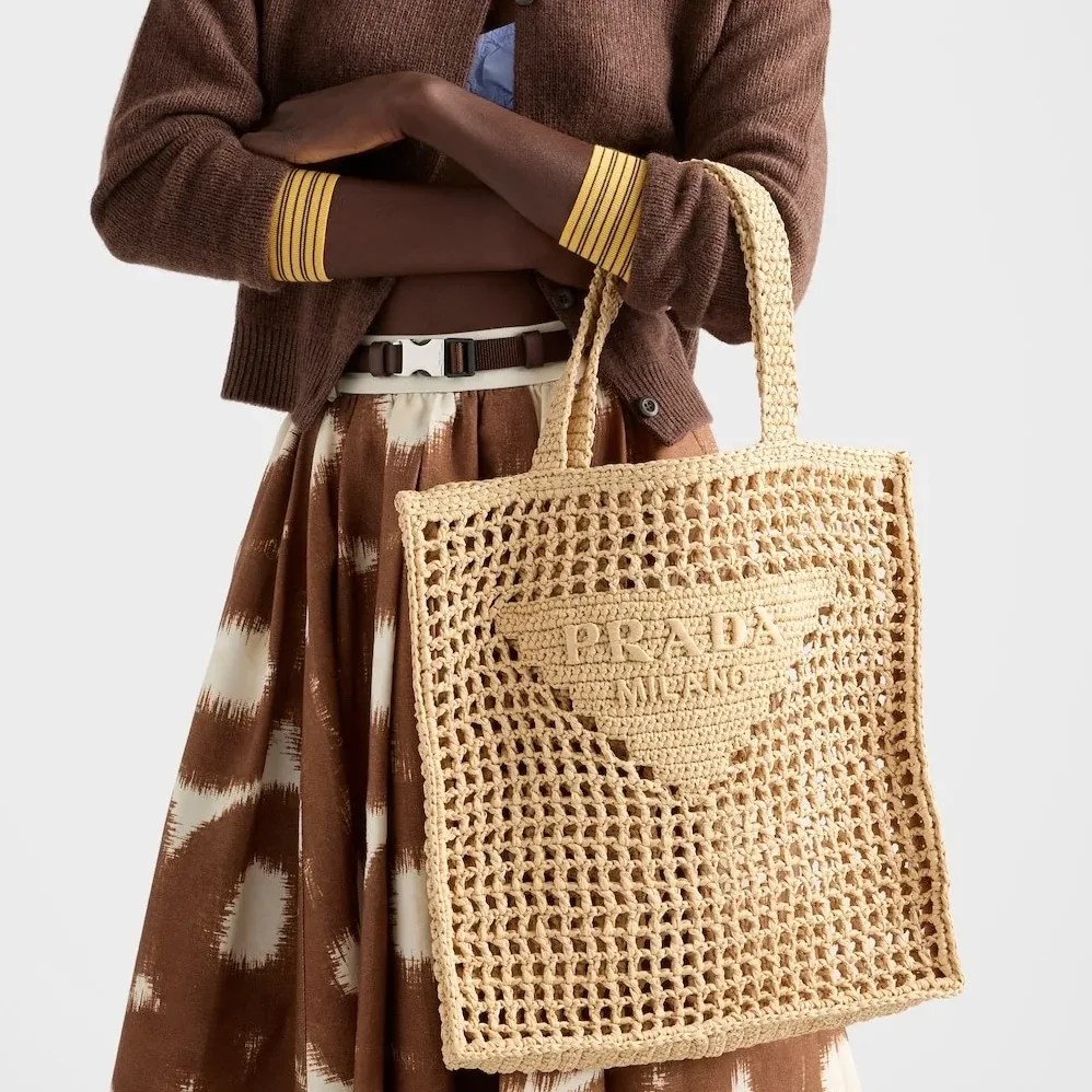 Prada Crochet Tote Bag / Tan Raffia Gold Hardware 1BG393_2C2T_F05IA_V_OUO