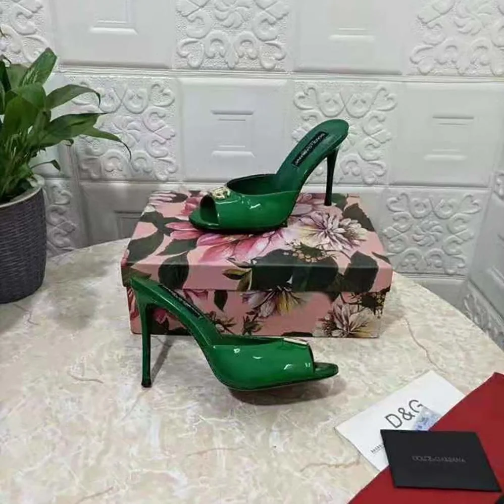 Dolce Gabbana D&G Patent Leather Mules with DG Logo for Women in Green