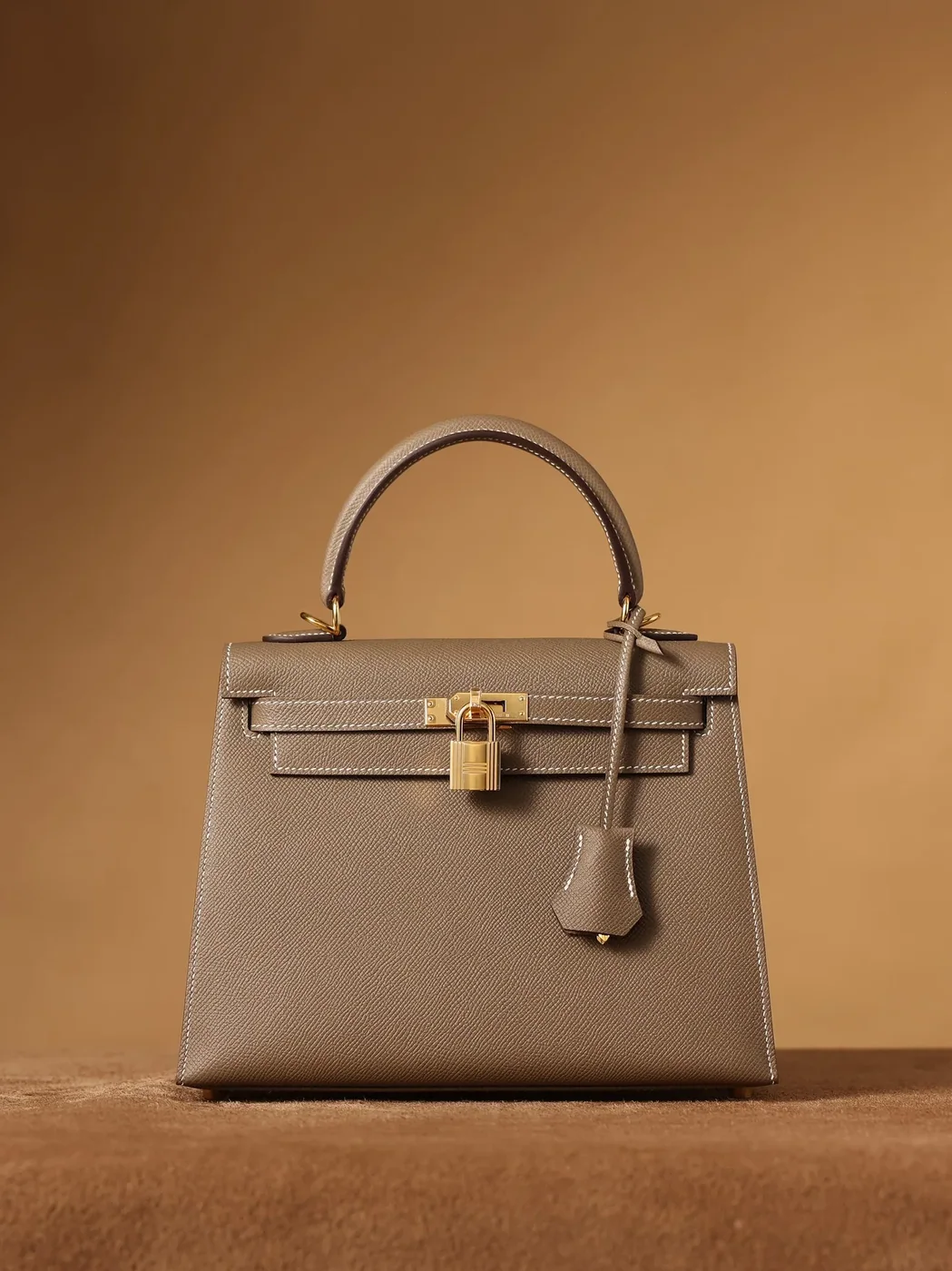 Hermes Kelly Epsom Gold Tone Lock Bag Grey 9,/