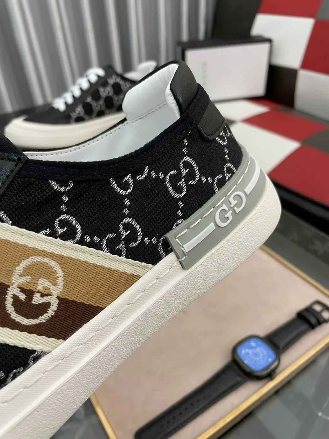 Gucci GG Embroidery Sneaker With Web Black for Men Gucci GG Embroidery Sneaker With Web Black for Men