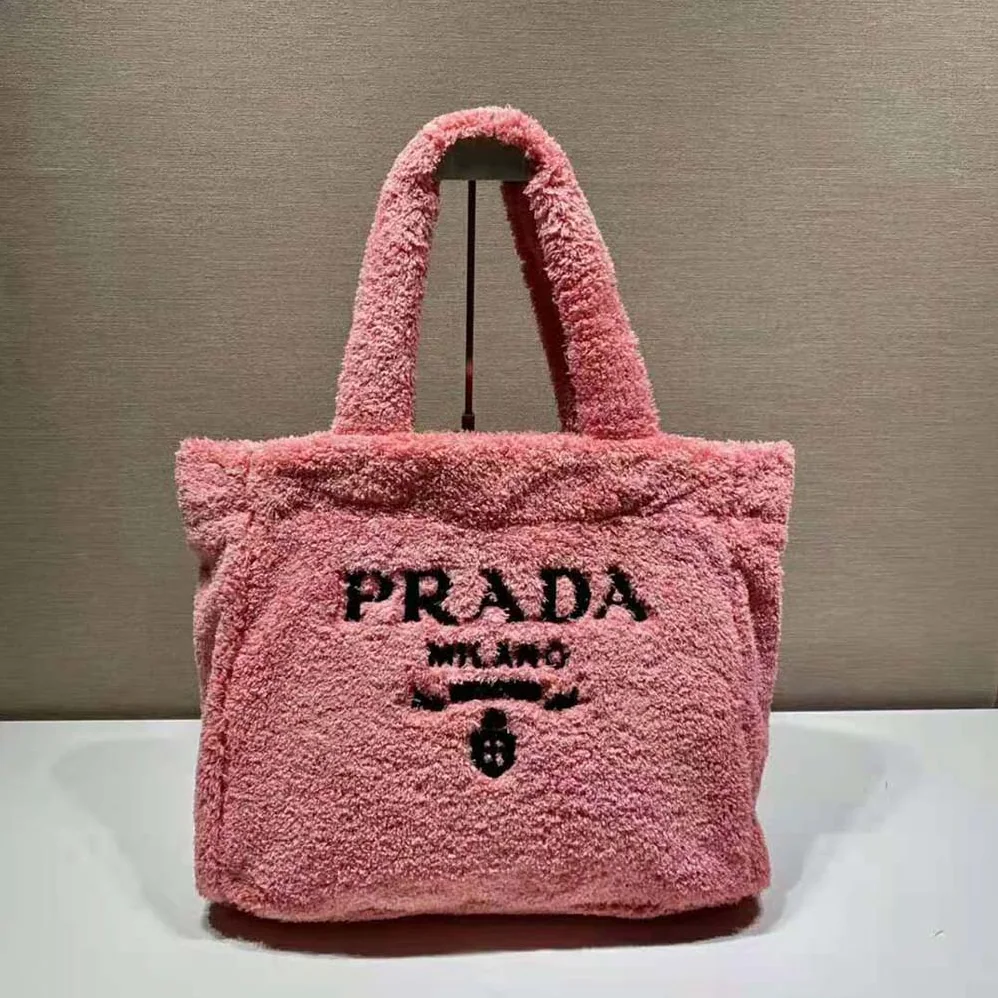 Prada Enameled Metal Triangle Logo Terry Tote Bag for Women in Pink Prada Enameled Metal Triangle Logo Terry Tote Bag for Women in Pink