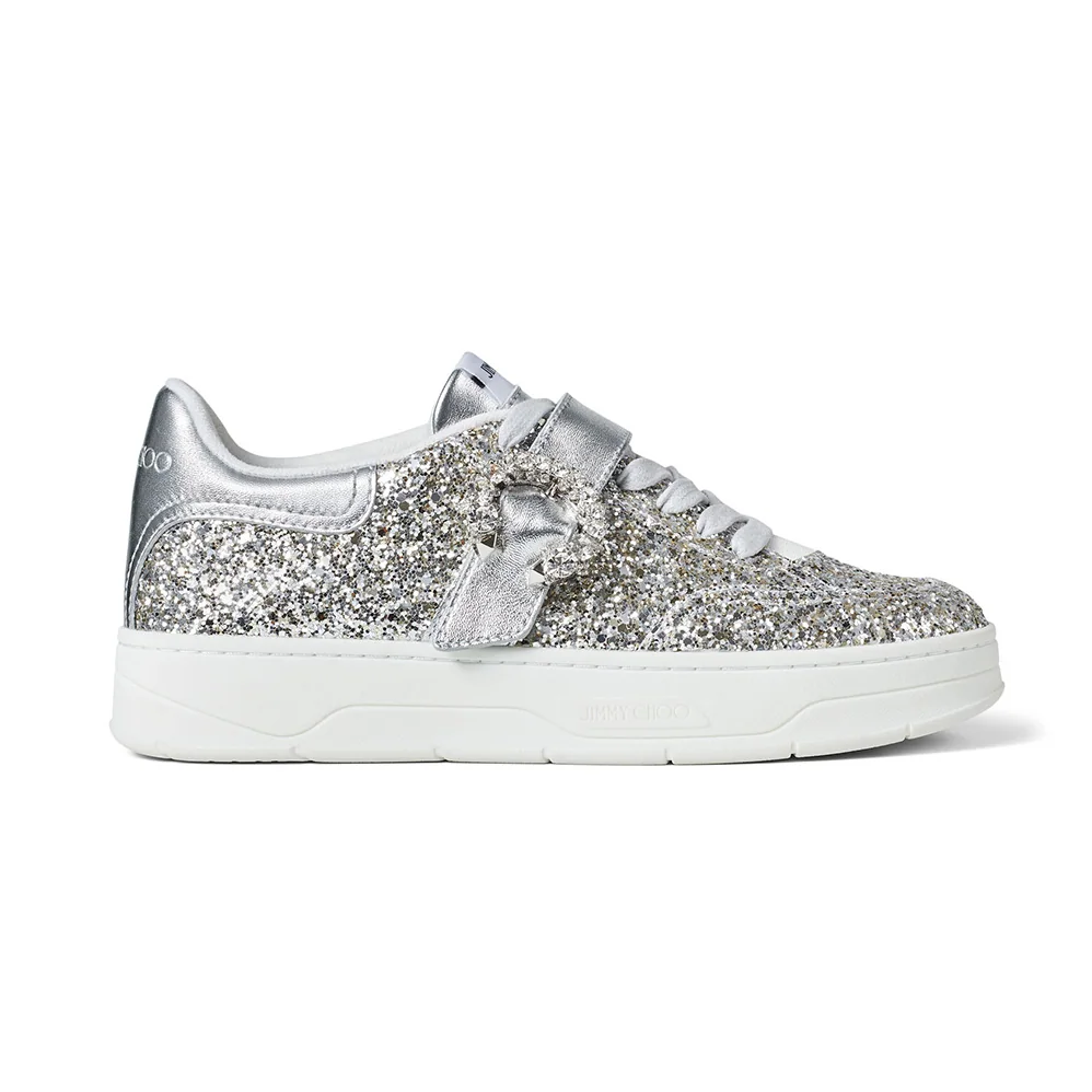 Jimmy Choo Osaka Lace up Platinum Dazzling Coarse Glitter Fabric Low Top Trainers for Women Jimmy Choo Osaka Lace up Platinum Dazzling Coarse Glitter Fabric Low Top Trainers for Women