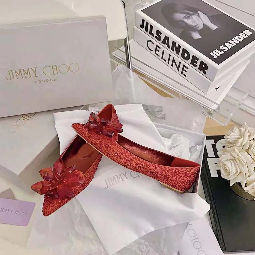 Jimmy Choo Attila Red Crystal Covered Pointy Toe Flats for Women Jimmy Choo Attila Red Crystal Covered Pointy Toe Flats for Women