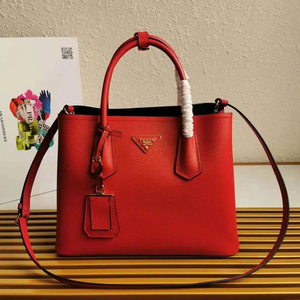 Prada Small Saffiano Leather Double Prada Bag for Women in Red
