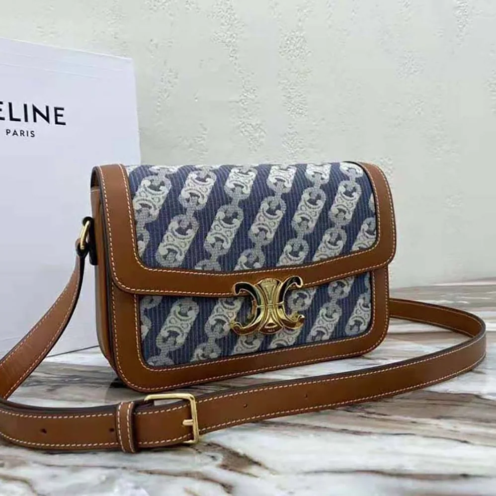 Celine Medium Triomphe Bag in Chaine Triomphe Jacquard and Natural Calfskin for Women Celine Medium Triomphe Bag in Chaine Triomphe Jacquard and Natural Calfskin for Women