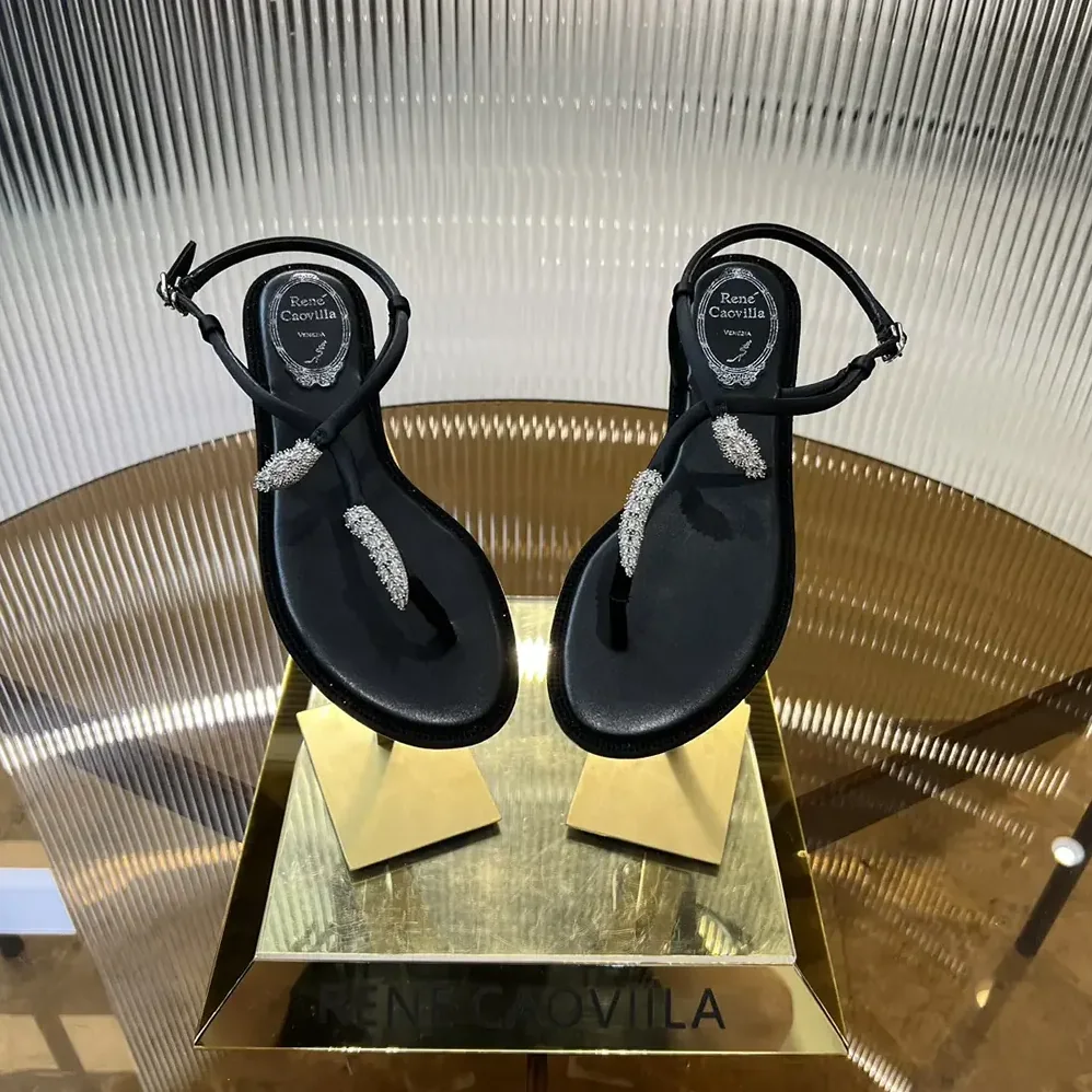 Rene Caovilla Serpente Black Thong Sandal 10 for Women