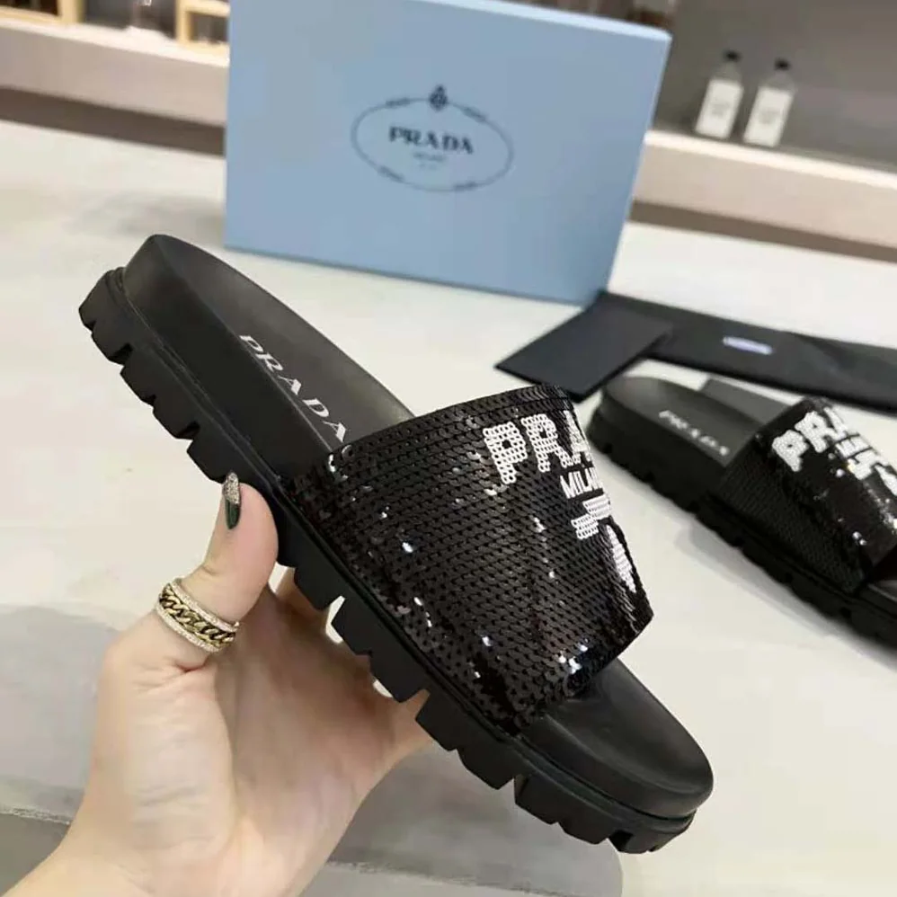 Prada Sequin Slides with Rubber Lug Sole are Covered All Over with Embroidered Sequins for Women Prada Sequin Slides with Rubber Lug Sole are Covered All Over with Embroidered Sequins for Women