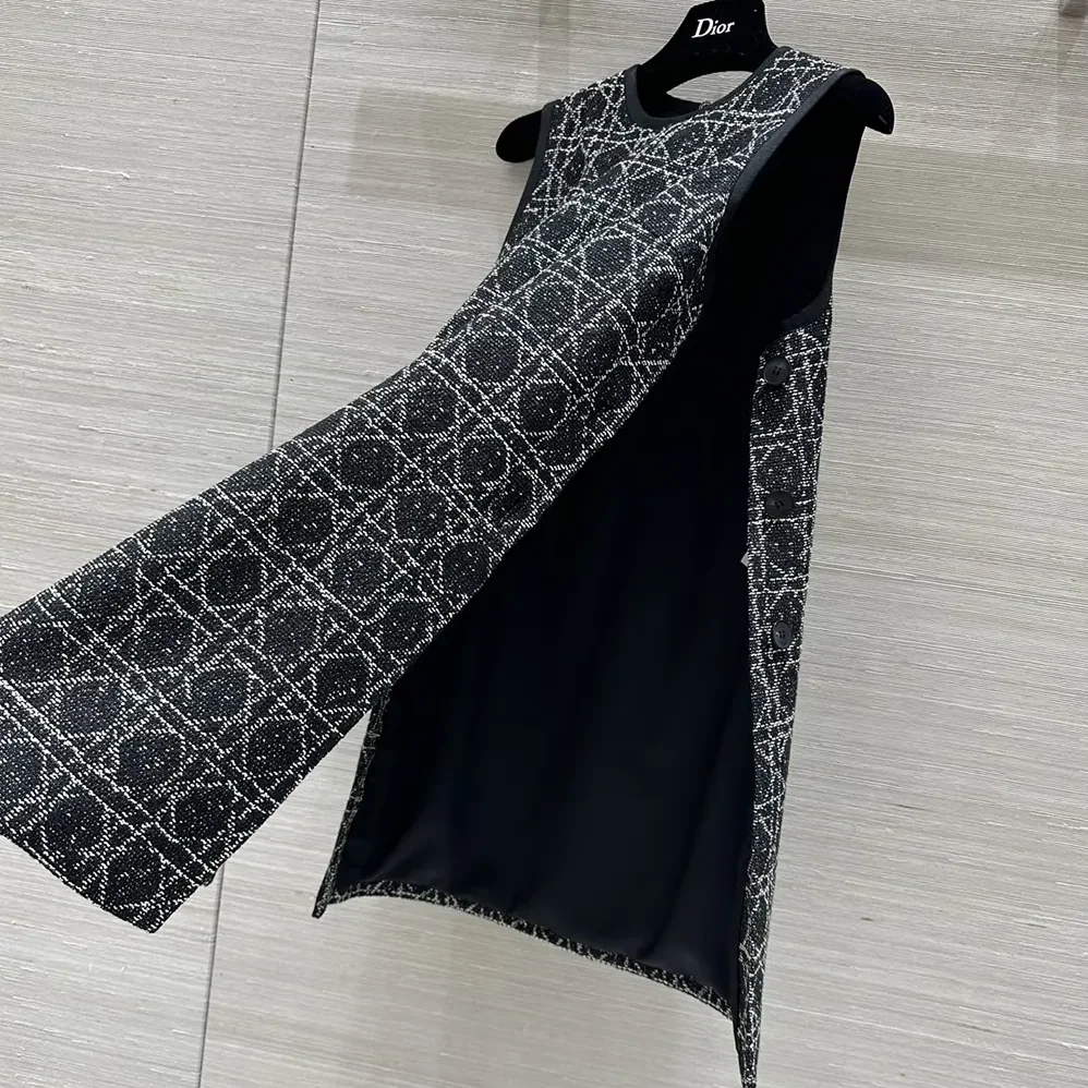 Dior Macrocannage Sleeveless Tunic Black and White Cotton Blend Tweed for Women