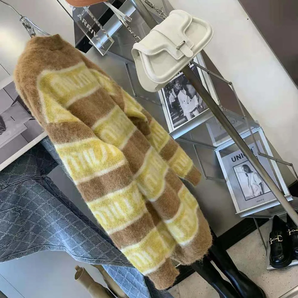 Miu Miu Oversized Mohair Cardigan with Intarsia Logo for Women in Yellow