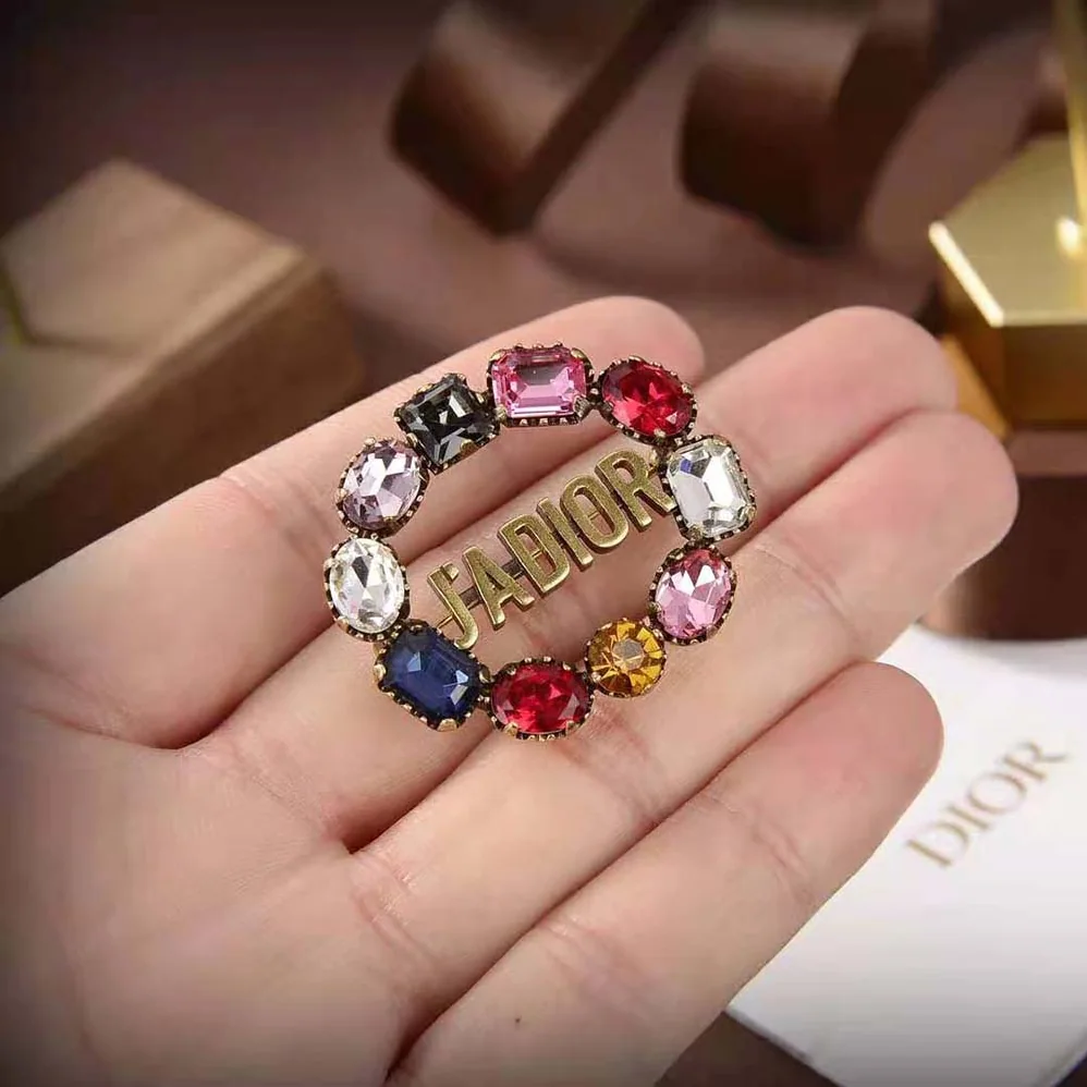 Dior J'Adior Brooch Antique Gold-Finish Metal and Multicolor Crystals for Women