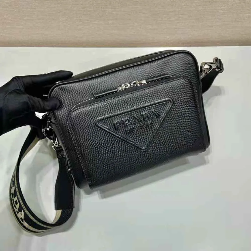 Prada Saffiano Leather Shoulder Bag With Iconic Prada Material for Men in Black