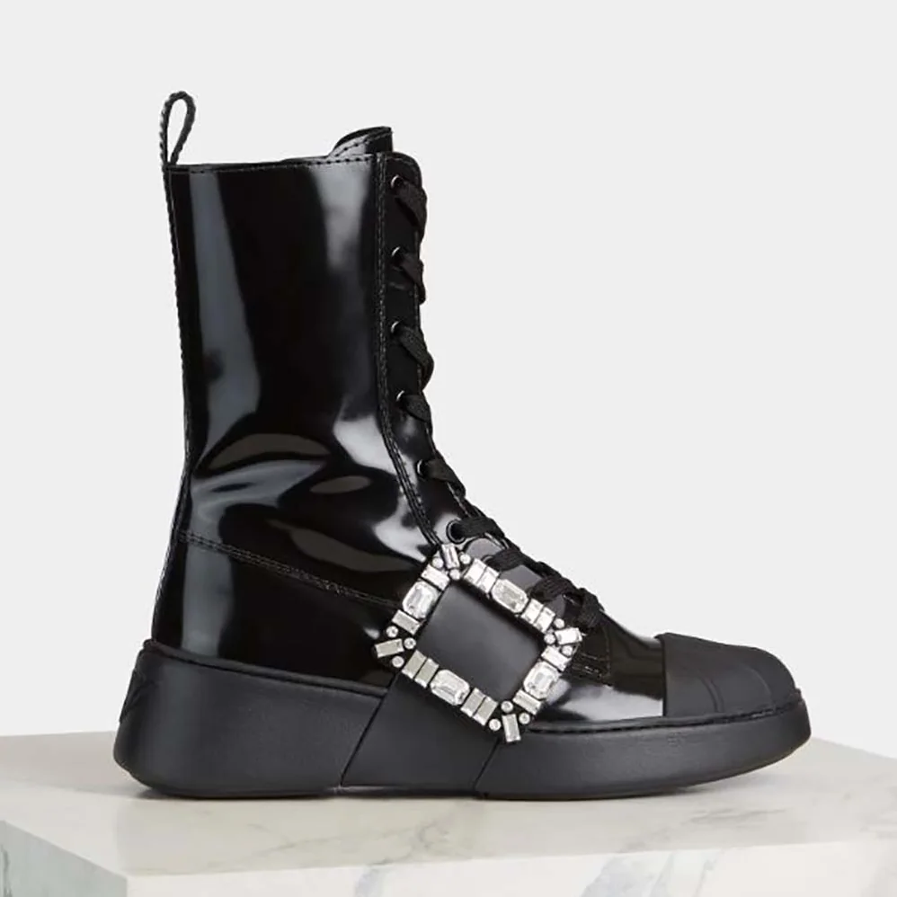 Roger Vivier Viv Skate Lace Up Strass Buckle Booties in Leather for Women in Black Roger Vivier Viv Skate Lace Up Strass Buckle Booties in Leather for Women in Black