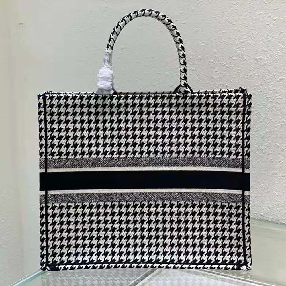 Dior Book Tote Black and White Houndstooth Embroidery for Women