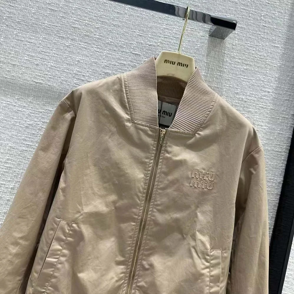 Miu Miu Chino Blouson Jacket with Embroidered Logo for Women Miu Miu Chino Blouson Jacket with Embroidered Logo for Women