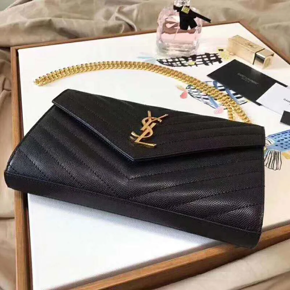 Saint Laurent Monogram Chain Wallet Grain De Poudre Embossed in Gold
